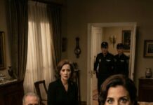 “A shocking cinematic realistic scene in a Spanish family living room: a beautiful seductive Spanish woman in her early 40s (the protagonist) stands confidently in the foreground, holding a smartphone playing a video confession, intense hypnotic eyes, flawless skin, fashionable hairstyle, elegant black mourning dress with attractive detailed fabric, subtle jewelry, dramatic expression of betrayal and strength. In the background, three Spanish adult children in expensive dark outfits look pale and shocked while two police officers enter, tension and controversy in the air. Wide full-body composition, sharp focus, ultra-detailed textures, cinematic lighting, high contrast, realistic skin, 4K ultra, ratio 9:16, Spanish aesthetic, viral shocking atmosphere.”