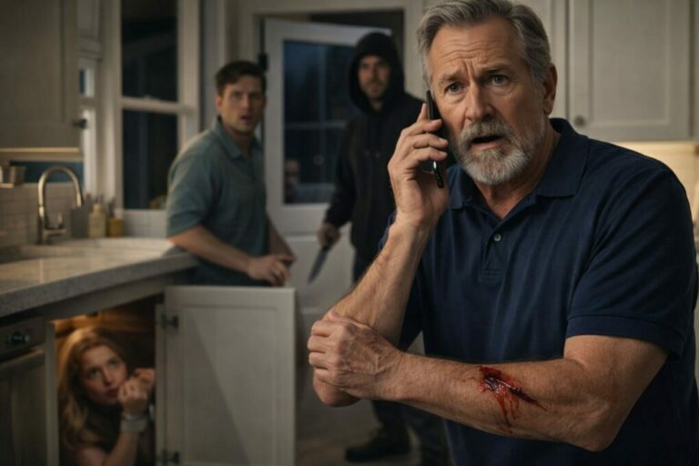 I pushed back from the Christmas table, forcing a smile. “I’m fine,” I lied—my stomach twisted like a knot. “Just need water.” The hallway spun as I reached the kitchen… and froze. The sink was running, but the sound I heard wasn’t water. It was a slow, wet scratching behind the cabinets. Then a voice—whispering—said my name. “Dad… don’t turn around.” My hand shook as I dialed 911. And what answered from the dark wasn’t my son.