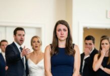I walked into the engagement party in a borrowed dress, and my own sister snapped, “This wedding is over. I’m not letting a poor girl embarrass our family.” The room froze. My cheeks burned—until the groom suddenly stood, eyes wide, and said loud enough for everyone to hear, “Boss… you’re here.” Gasps rippled through the relatives. My sister stammered, “W-what did you call her?” I smiled—because that wasn’t even the biggest secret.