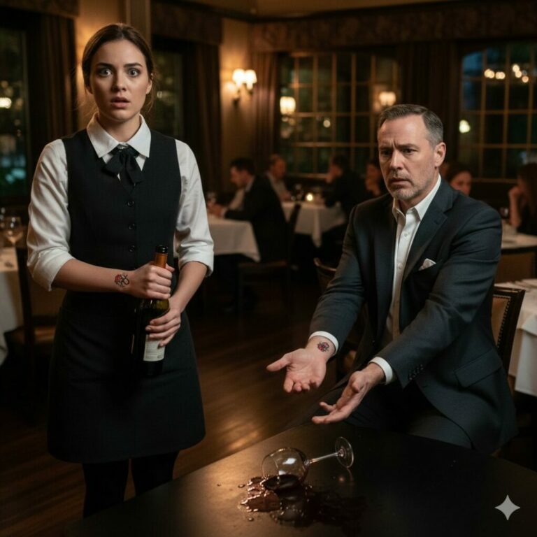 When the billionaire lifted his wine glass, my breath caught. On his wrist—a small red rose twisted into an infinity symbol. My mom has the same tattoo. Same wrist. Same scars around it. I whispered, “Sir… my mother has a tattoo just like yours.” His glass slipped and shattered. He stared at me and asked, “What’s her name?” I answered—and watched the color drain from his face. Because that tattoo wasn’t art. It was a promise.