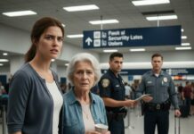 Dad patted Grandma’s shoulder in the airport lounge and said, “Just sit here. We’ll check in and come right back.” Grandma smiled, confused. Ten minutes turned into thirty—then my phone buzzed with a text: “Don’t go back.” My stomach dropped. They weren’t delayed. They were gone. I sprinted through the terminal calling her name, heart pounding—until I saw her… standing with a stranger at the gate, holding my boarding pass. And she whispered something that made me freeze.