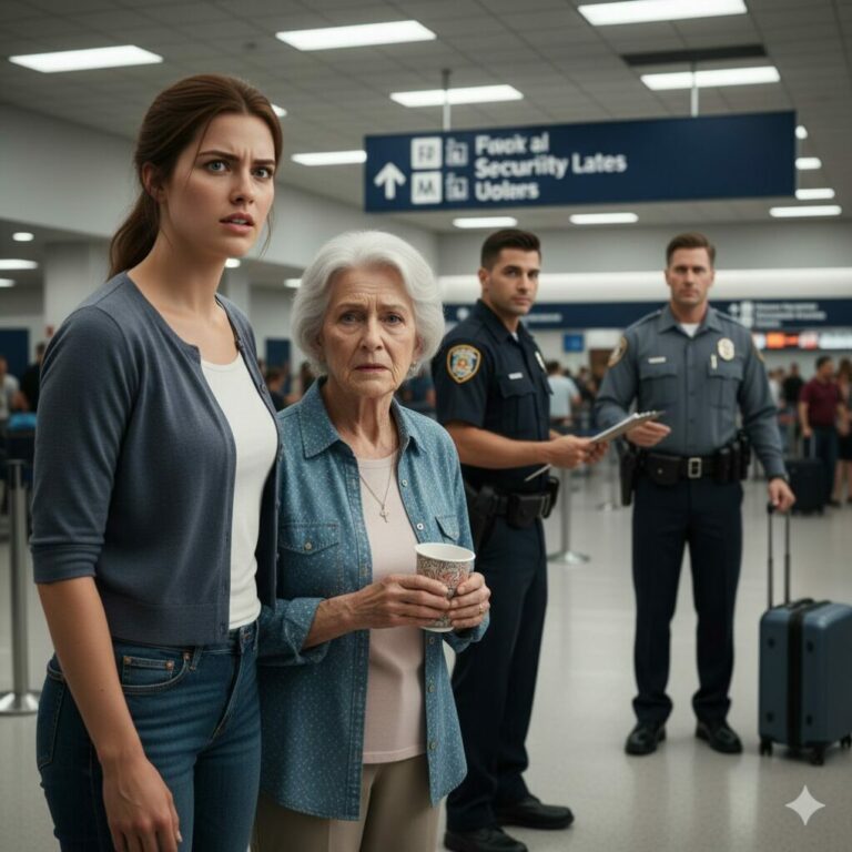 Dad patted Grandma’s shoulder in the airport lounge and said, “Just sit here. We’ll check in and come right back.” Grandma smiled, confused. Ten minutes turned into thirty—then my phone buzzed with a text: “Don’t go back.” My stomach dropped. They weren’t delayed. They were gone. I sprinted through the terminal calling her name, heart pounding—until I saw her… standing with a stranger at the gate, holding my boarding pass. And she whispered something that made me freeze.