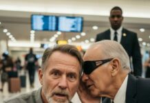 After 34 years of marriage, my wife walked away at Phoenix Airport and left me with $23 and a dead phone. “Figure it out,” she said without turning back. I stood there—1,200 miles from home—watching her disappear into the crowd. Then the blind man beside me leaned closer and whispered, “Pretend to be my son.” I scoffed. “Why?” He smiled calmly. “My driver arrives in ten minutes… and your wife just stranded you next to the richest man in this city.”