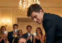 Emily Carter thought it was just another shift—until Ethan Whitmore raised his champagne and smirked, “Five hundred bucks if you take a sip, maid.” Phones shot up. Laughter sliced the air. His mother’s voice cut colder: “Back to the kitchen. Don’t embarrass us.” Then a crumpled $100 hit the marble. Ethan pinned it with his polished shoe and hissed, “Bend lower. One more time.” Emily straightened, stared him down, and said, “Move your foot.”