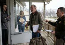 At my daughter’s funeral, my son-in-law leaned in and whispered, “You’ve got 48 hours to get out of my house.” I just stared at him, numb, then nodded like I’d accepted defeat. That night I packed one bag and left without a fight. But as I drove away, I made one call. The next morning, he opened his door to a badge—and his face went white.