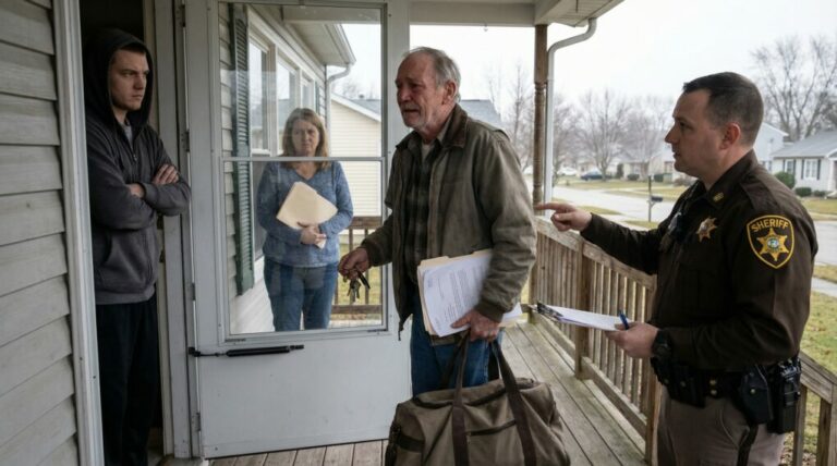 At my daughter’s funeral, my son-in-law leaned in and whispered, “You’ve got 48 hours to get out of my house.” I just stared at him, numb, then nodded like I’d accepted defeat. That night I packed one bag and left without a fight. But as I drove away, I made one call. The next morning, he opened his door to a badge—and his face went white.