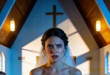 I froze behind the half-open door, my bouquet sweating in my hands. “Just thinking about sleeping with that fat pig makes me sick,” my fiancé hissed—then his buddies exploded with laughter. My stomach dropped. In the chapel, he lifted his chin and began the vows like an actor reading lines. “I take you…” His voice didn’t shake—mine did. I smiled for the guests, but inside, something snapped. And I wasn’t the only one listening.