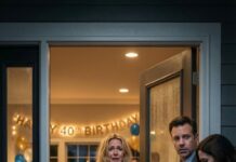 I’d spent weeks planning my husband’s 40th with our son—balloons, candles, the cake he loved—whispering, “He’s going to cry when he sees this.” But when the doorbell rang and we threw it open, my blood turned cold. My husband stood there… with another woman on his arm. “You weren’t supposed to be home,” he muttered. My son gripped my hand tighter. In that second, our perfect surprise became the beginning of something far darker.