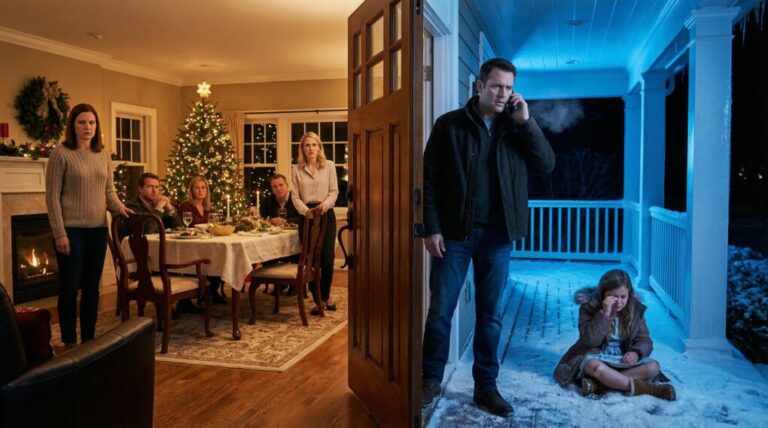 On Christmas night, I watched my little girl hit the snow as my new mother-in-law spat, “You’re not our blood. Get out.” My daughter was crying, my wife stood frozen, and something inside me snapped. I stepped back into that warm, glowing house, looked every one of them in the eye, and said five words that turned their holiday dinner into pure terror. They never saw it coming.