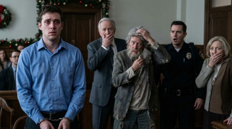 “The moment my older brother slapped cuffs on my wrists in front of my entire family on Christmas Eve, I thought my life was over. ‘You’re under arrest,’ he said coldly—while my mother screamed and my father stared in silence. But in court, everything changed. A homeless man I once helped walked in, tore off his disguise, and said, ‘Tell them who you really are.’ That’s when my dad’s face turned deathly pale…”