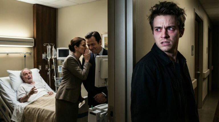 I stood outside my father’s hospital room and heard my stepmother whisper, “Once he’s gone, we split everything.” My uncle answered coldly, “Make sure the son gets nothing.” My blood ran cold—but then my billionaire father’s eyes snapped open, his mouth trembling in a voiceless cry for help. In that terrifying silence, I realized one thing: he wasn’t dying… he was trying to warn me.