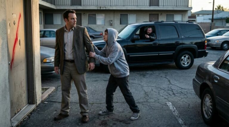 Every morning, I gave the boy a dollar and a smile, never asking why his eyes always scanned the street behind me. Then, at 11:47 p.m., my phone lit up: “Don’t go home tonight.” The next morning, he pulled me into a narrow alley and whispered, “You were never the neighbor of the target… you were the target.” I almost laughed—until I saw my front door marked in red.