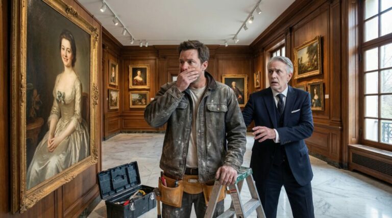 “I was halfway up a ladder in a billionaire’s mansion when one portrait made my blood run cold. The woman staring back at me was my mother—same eyes, same smile, same face. I pointed at it and whispered, ‘Why is my mom on your wall?’ The billionaire went pale. Then he said, ‘Because she was never just your mother.’ In that second, everything I believed about my life cracked open.”