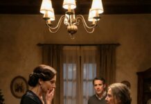 Era Nochebuena y una mujer vendía bufandas para comprar la medicina de su nieto. Mi nuera susurró: “Dale cinco dólares y cierra la puerta”. Yo respondí: “¡Está helando! Cene con nosotras”. Ella se puso roja. En el postre, la mujer la miró fijo, sonrió como si supiera un secreto y soltó: “¿De verdad… no me reconoces?” El silencio cayó. Y entonces, vi el miedo en los ojos de mi nuera.