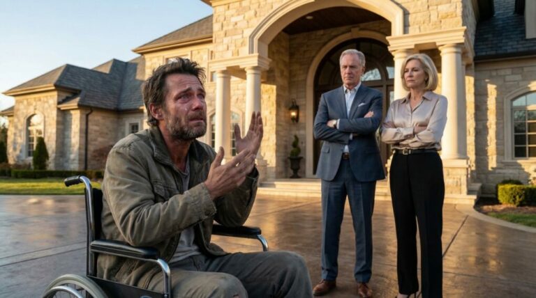 “I rolled up to my parents’ mansion with nothing but a wheelchair and a desperate plea. ‘Please… just one night,’ I begged. They looked through me and slammed the door. By sunrise, I was in a bank, handing over Grandpa’s faded old card. The manager went pale, shot to his feet, and whispered, ‘Sir… you need to see this.’ That was when I realized my family had lied about everything.”