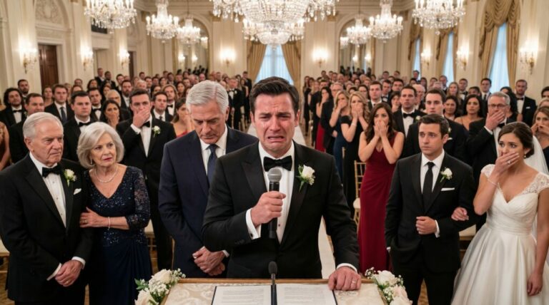 On my wedding day, in front of 500 guests, my in-laws pointed at my dad and sneered, “That’s not a father—that’s trash.” My fiancée laughed. Something inside me snapped. I grabbed the mic and said, “Then there won’t be a wedding.” The room went silent. As I turned away, my dad touched my shoulder and whispered, “Son… I’m a billionaire.” I thought the humiliation was over. I was wrong.