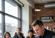 The café went silent when the officer leaned in. “Move. Now.” Evelyn didn’t flinch. “You don’t own this seat.” His jaw tightened—then the cup tipped. Hot coffee splashed down her chest as she gasped, refusing to scream. Phones shot up. Someone whispered, “He just did that…” And then the door chimed. A man in a tailored suit froze. “Mom?” What happens next changes the whole town.