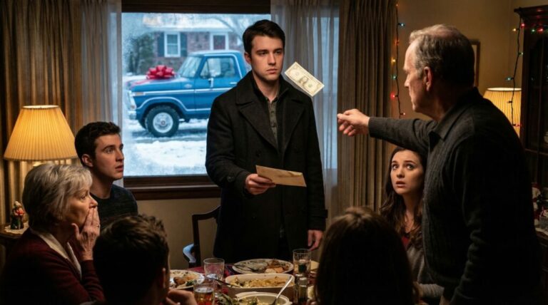 On Christmas Day, in front of my entire family, my father threw a one-dollar bill at my face and said, “That’s all you’re worth to me.” Nobody moved. Nobody spoke. I just smiled, reached into my coat, and handed him an envelope I’d kept hidden for years. The second he opened it, his face drained of color… then he turned to the window — and what he saw changed everything.