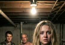 “Tell me that’s not you,” my husband growled, his jaw clenched tight. I had an affair with my husband’s father—because he was my only way out. A package lay on the porch… addressed to my husband. Inside was a key and a note: Open the basement door…