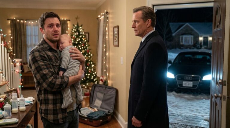 On Christmas night, my wife boarded a plane to Paris with her rich boss, leaving me alone with our baby and a shattered life. I was still holding my son when a black car stopped outside, and a man in a tailored suit whispered, “Don’t close the door.” Then he looked straight at me and said, “You’re my son.” I thought the betrayal was the end—until I realized it was only the beginning.