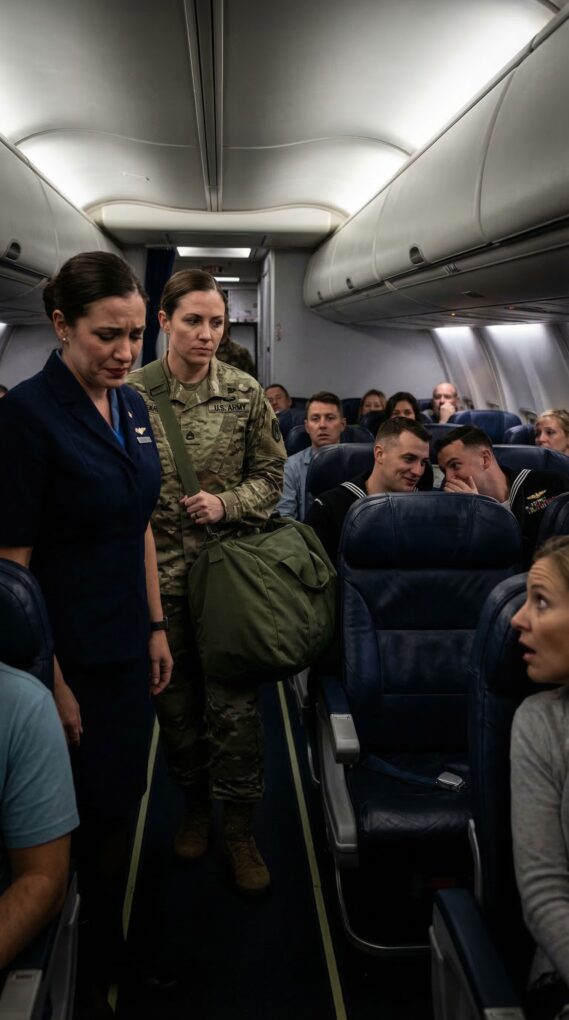 I was just an Army mechanic flying economy when two Navy officers had me kicked out of first class. One of them laughed and said, “Support staff shouldn’t sit up here.” I stayed quiet and walked back to row 29. But an hour later, smoke filled the cabin and the captain suddenly stepped out of the cockpit, scanning the passengers before calling my name: “Staff Sergeant Mercer, I need you up here—right now.” And in that moment, everyone who doubted me went silent.