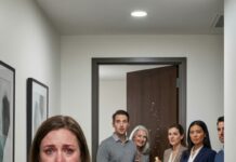 “Mom, we’re at the train station café—right now,” I hissed into the phone, watching Jessica sob into my sleeve. “Jack kicked us out after lunch. He said, ‘Get out before the guests arrive.’” Across town, my husband texted a selfie—champagne popping in my apartment with his mom and sister. Then my neighbor called, voice shaking: “Someone’s at your door… knocking like they own the place.” The door opened. Silence. And then—my husband whispered, “Oh God… it’s her.”