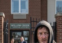 I walked into the nursing home I secretly fund with a torn jacket and a tin cup, head down, voice small. “Spare anything, please?” I asked. A nurse glanced at my face and sneered. “We don’t feed parasites.” Then the director stormed out, shouting, “Get him out—NOW!” I barely stepped back before the kennel door slammed open. Growling. Teeth. Chaos. “Please—wait!” I cried, stumbling as staff laughed. As I hit the gate, I whispered, “So this is what my money built…” And that’s when I noticed the locked wing upstairs—with my name on the door.