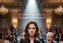 At my dad’s retirement party, he thanked everyone—except me. When a coworker asked why, he laughed into the mic: “She’s not worth mentioning.” Seventy people stared while my face burned. I stood, walked straight to the podium, and smiled. “Before I leave, there’s one thing Dad forgot.” I placed a folder in his hands. His boss opened it… and the room went dead silent.