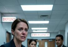I came back from my business trip without warning—still holding my suitcase—when the ER doors swallowed me whole. My daughter was alone on a gurney, trembling, blood on the sheets. “Mom… he left me,” she whispered, gripping my fingers like a lifeline. A nurse frowned. “No husband. No emergency contact answered.”